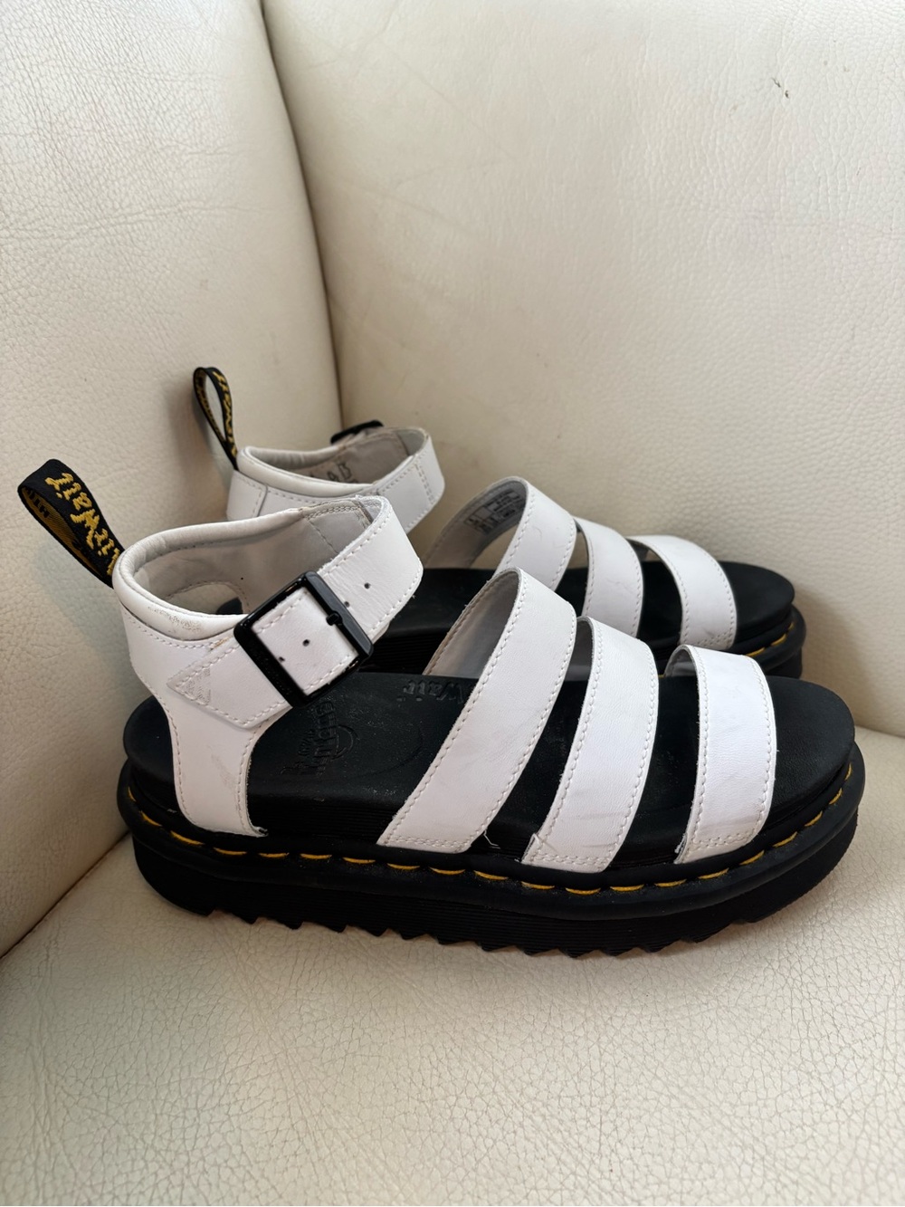 Dr. Martens White Leather Strappy Platform Sandals with Black Sole